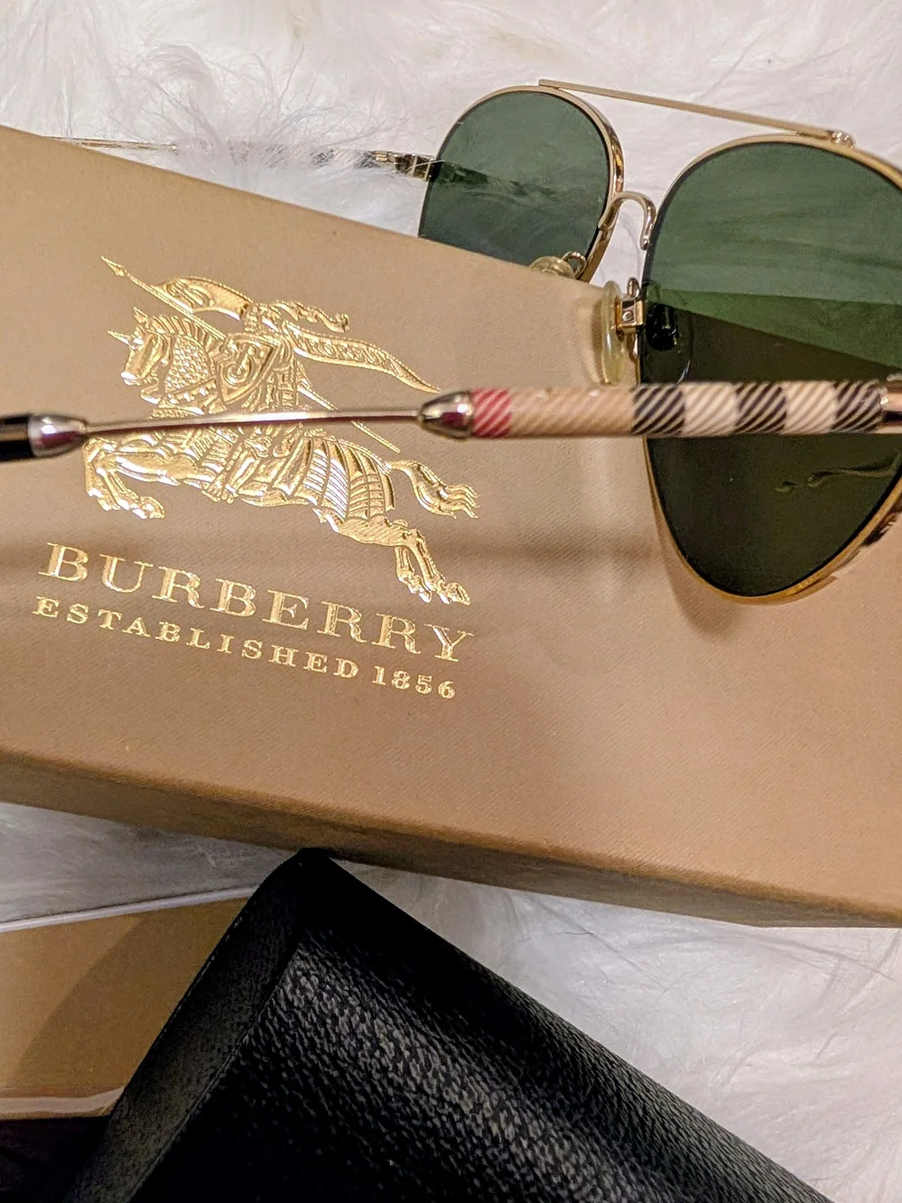 Burberry Gold Frame Black Lens Aviator Sunglasses with Black Case